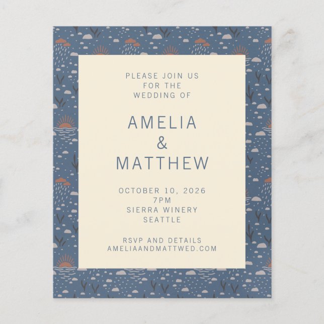 Budget Blue and Rust Boho Nature Wedding Inviter (Devant)