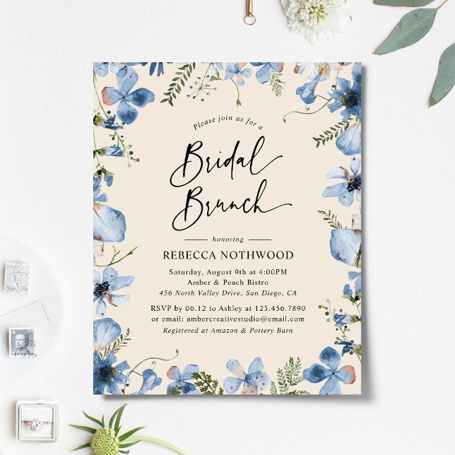 Budget Blue Beige Floral Bridal Brunch Invitation (Créateur téléchargé)