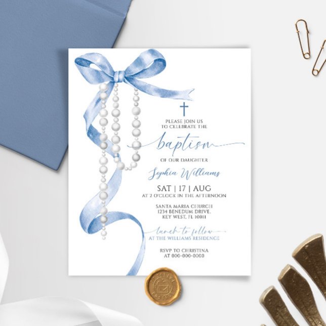Budget Blue Bow & Rosary Baptism Invitation (Créateur téléchargé)