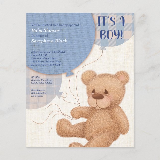 BUDGET Blue Boys Teddy Bear Baby shower Invitation (Devant)