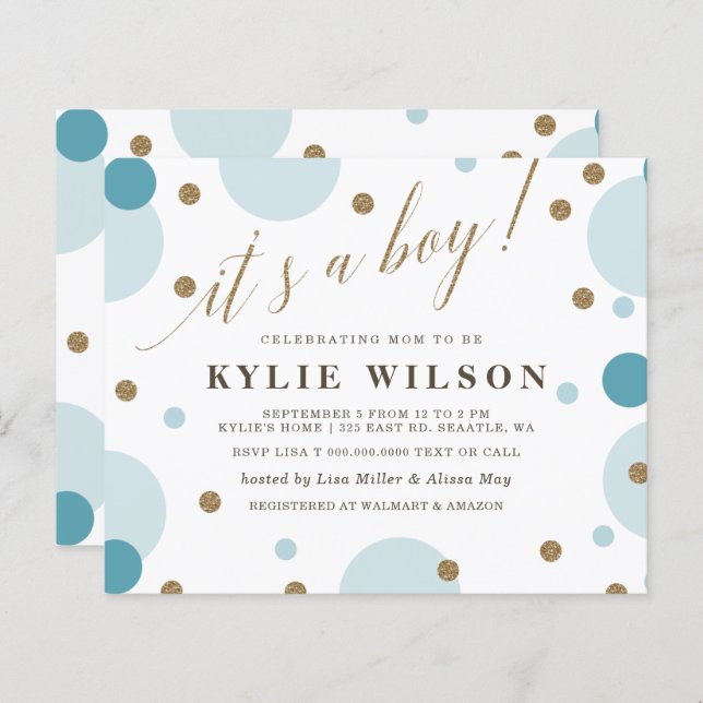 Budget Blue Confetti Boy Baby shower Invitation (Devant / Derrière)