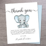 Budget Blue Elephant Baby shower Carte de remercie<br><div class="desc">Une jolie carte de remerciements économique avec "merci" dans un élégant script gris avec des swashes et une aquarelle bleue d'éléphant bébé. En dessous, vous pouvez facilement personnaliser votre message de remerciement en simple topographie grise ou laisser vide pour une note manuscrite. Ce papier semi-brillant budgétaire est similaire en poids...</div>
