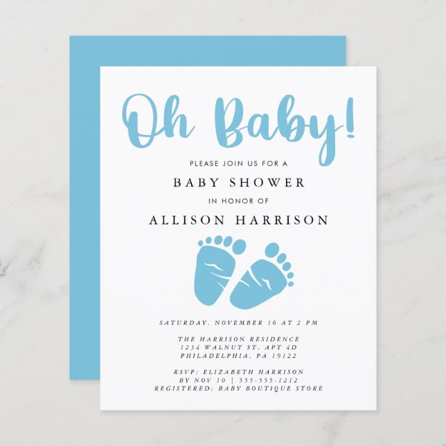 Budget Blue Feet Baby Boy Shower Invitation (Devant / Derrière)