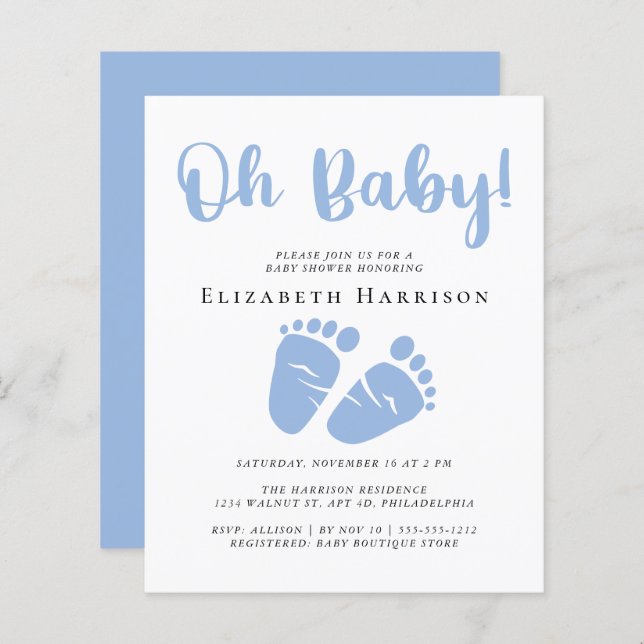 Budget Blue Feet Boy Baby shower Invitation (Devant / Derrière)