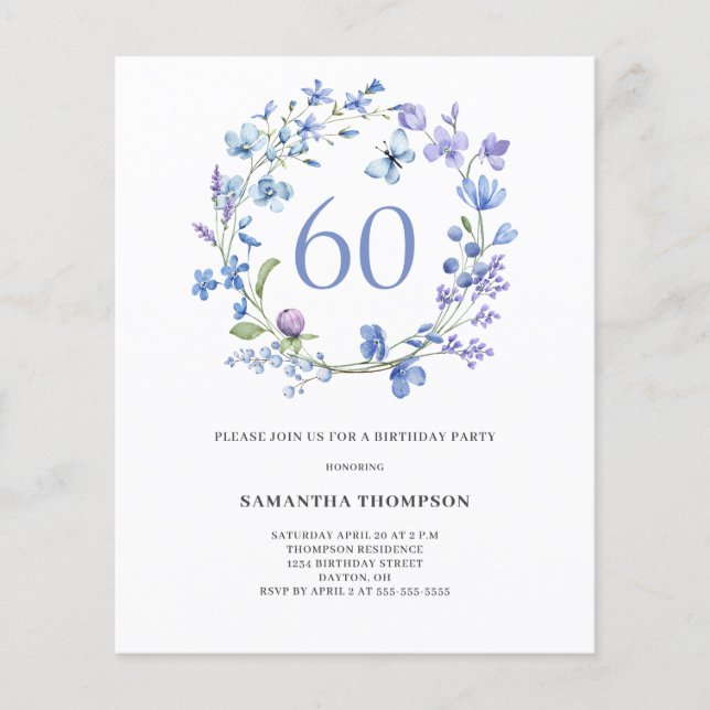 Budget Blue Floral 60e anniversaire Invitation (Devant)
