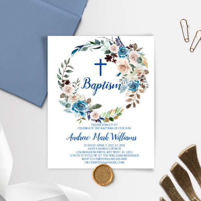 Budget Blue Floral Baby Boy Baptism Invitation (Créateur téléchargé)