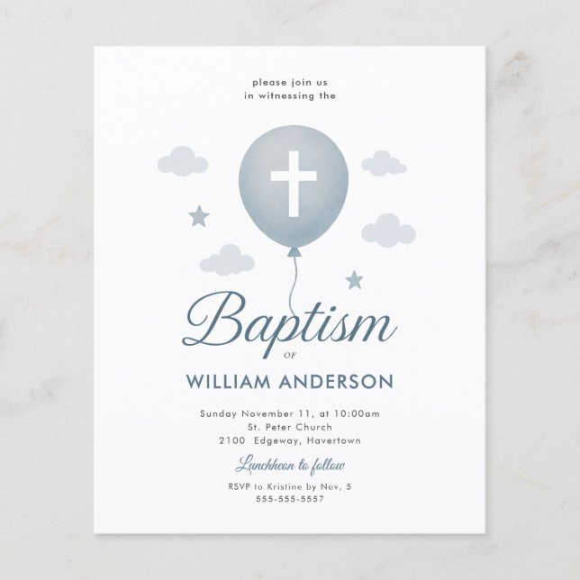 Budget Blue Floral Cross Baptism Invitation (Devant)
