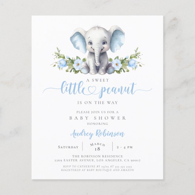 Budget Blue Floral Elephant Baby shower Invitation (Devant)