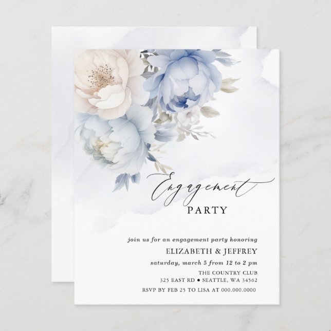 Budget Blue Floral Engagement Party Invitations (Devant / Derrière)