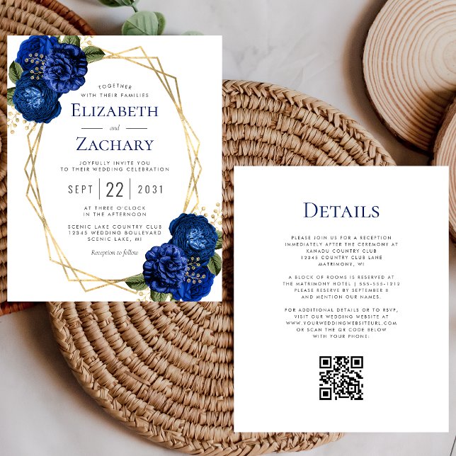 Budget Blue Floral Gold QR Code Mariage (Créateur téléchargé)