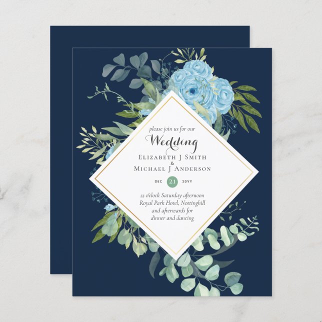 BUDGET Blue Floral Mariage Invitations Eucalyptus (Devant / Derrière)