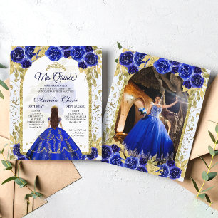 Budget Blue Floral Princess Gold Quinceanera Photo