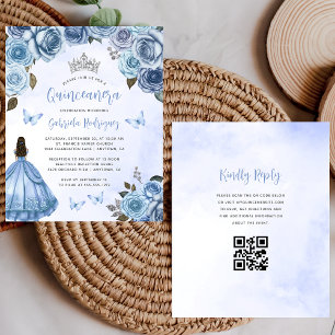 Budget Blue Floral QR Code Quinceañera Invitation