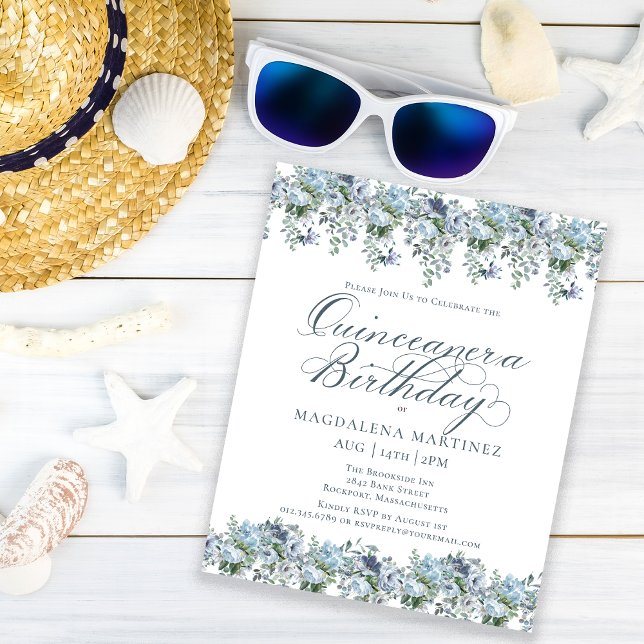 Budget Blue Floral Quinceanera Invitation Annivers (Créateur téléchargé)