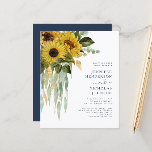 Budget Blue Floral Sunflower Eucalyptus Mariage (Devant/Arrière en situation)
