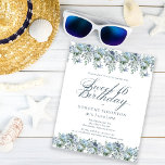 Budget Blue Floral Sweet 16 Anniversaire Invitatio<br><div class="desc">Des fleurs bleues et poussiéreuses créent des bordures haut et bas sur cette élégante invitation à l'anniversaire. La calligraphie de script classique apporte une touche de beauté. Cet article fait partie de la collection florale Dusty Blue.</div>