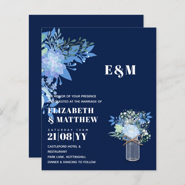 BUDGET Blue Floral Wedding Invitation (Devant / Derrière)