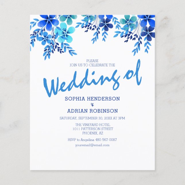 Budget Blue Floral Wedding Invitations (Devant)