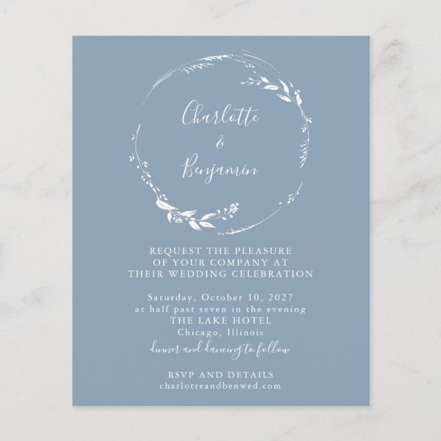 Budget Blue Floral Wreath Script Wedding Invitatio (Devant)