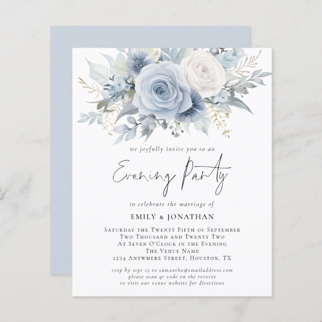 Budget Blue Florals QR Code Mariage Soirée (Devant / Derrière)