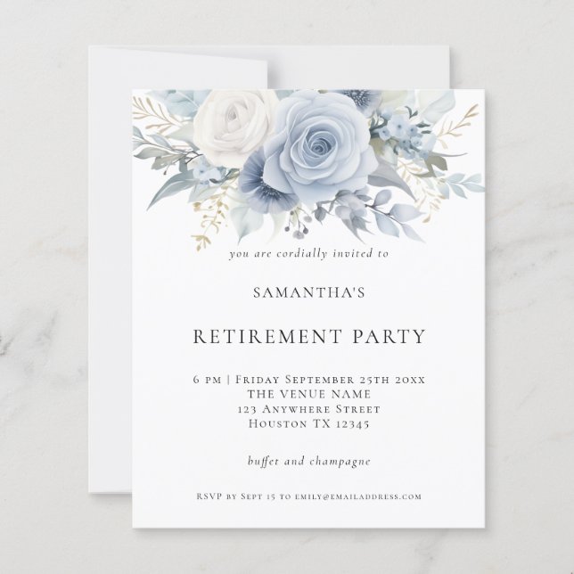 Budget Blue Florals Retraite Party Invitation (Devant)