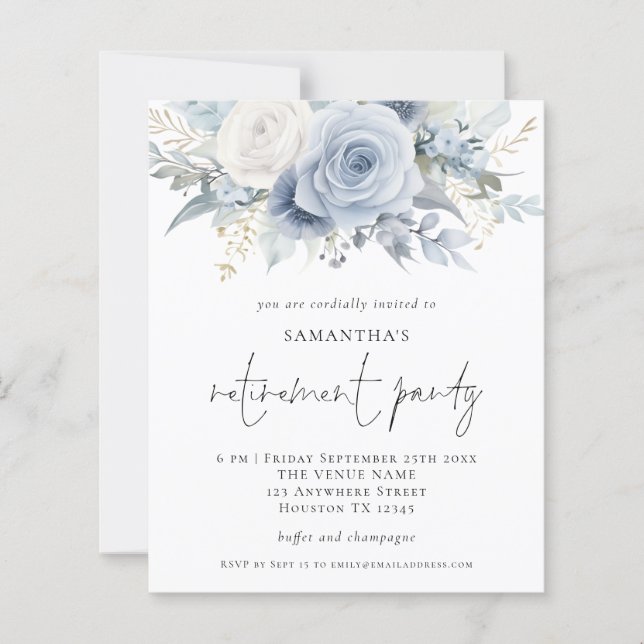 Budget Blue Florals Script Retraite Invitation de  (Devant)