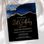 Budget Blue Gold Agate 21e anniversaire Invitation<br><div class="desc">Cette invitation branchée de 21e anniversaire présente une aquarelle d'une géode d'agate dans les tons bleu avec des reflets d'or. Les mots "21e anniversaire" apparaissent dans la parties scintillant en faux or dans la police décorative moderne d'écriture manuscrite. Customisez-le avec le nom de l'honoré dans le texte couleur or et...</div>