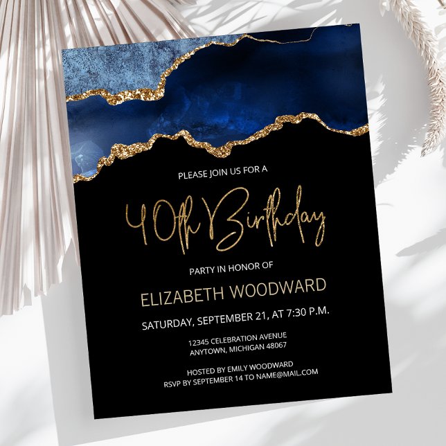 Budget Blue Gold Agate 40e anniversaire Invitation (Créateur téléchargé)