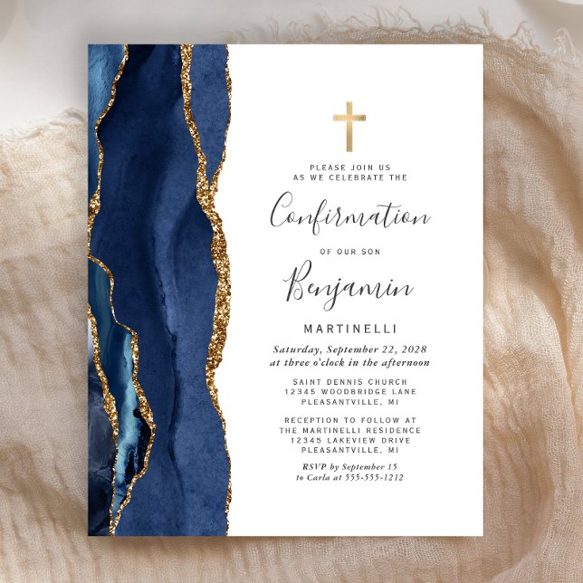 Budget Blue Gold Agate Confirmation Invitation (Créateur téléchargé)