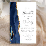 Budget Blue Gold Agate Moderne Faire-part de maria<br><div class="desc">Le bord gauche de cette élégante faire-part de mariage moderne est orné d'une bordure en aquarelle bleu marine ornée d'une parties scintillant en faux or. Le texte personnalisable combine écriture manuscrite, copperplate et polices italiques en gris fusain sur un arrière - plan blanc. L'envers est assorti d'un design d'agate bleu...</div>