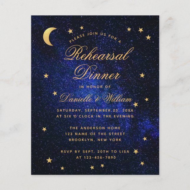 Budget Blue Gold Stars Répétition Dîner Invitation (Devant)