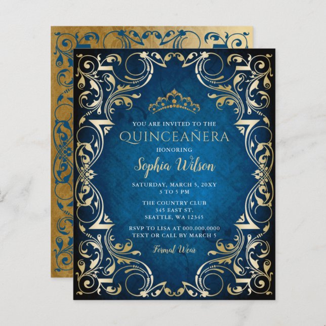 Budget Blue Gold Tiara Quinceañera Invitation (Devant / Derrière)