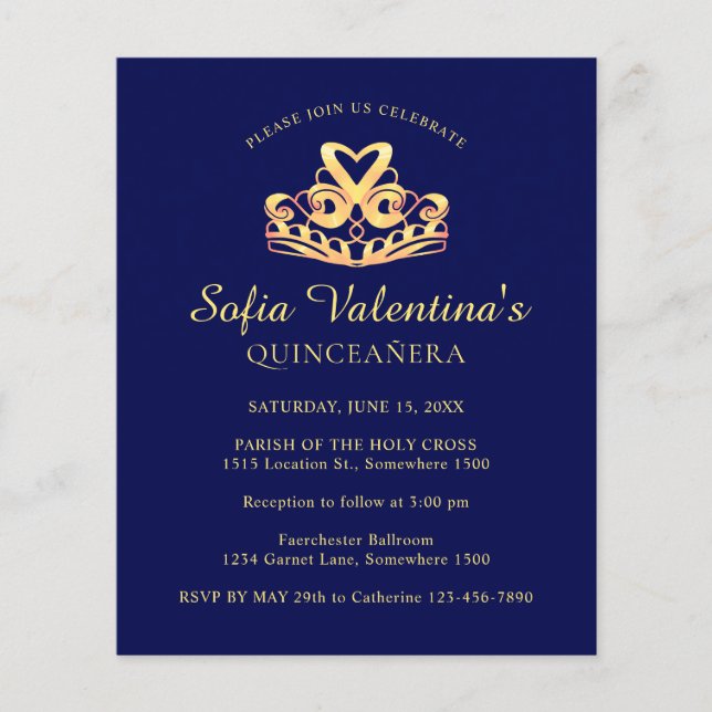 Budget Blue Gold Tiara Quinceanera Invitation (Devant)