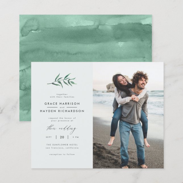 Budget Blue Green Branch Mariage Photo Invitation (Devant / Derrière)