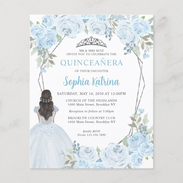Budget Blue gris clair Floral Princess Quinceañera (Devant)