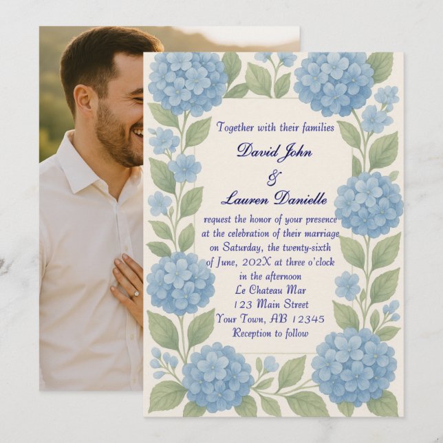 Budget Blue Hydrangea Photo Faire-part de mariage (Devant / Derrière)