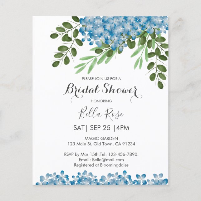 Budget Blue Hydrangeas nuptiale douche Invitation (Devant)