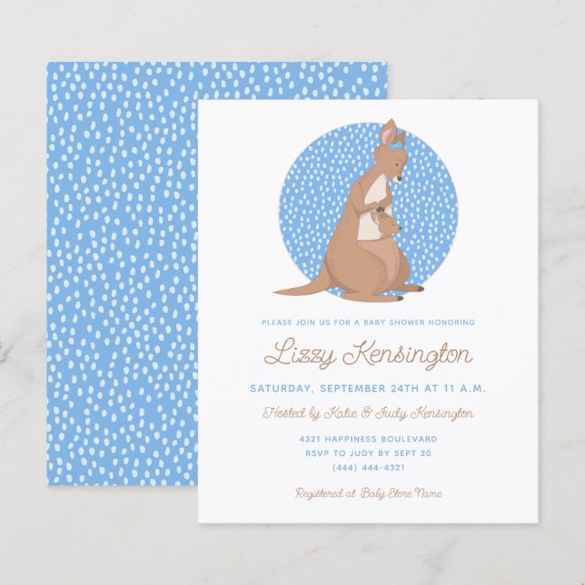 Budget Blue Kangaroo Boy Baby shower Invitation (Devant / Derrière)