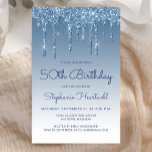 Budget Blue Parties scintillant Drip 50th Birthday<br><div class="desc">Cette prestigieuse invitation à la fête du 50e anniversaire comporte une bordure brillante bleue imitant la parties scintillant et un arrière - plan bleu sombre. L'année d'anniversaire modifiable et le nom de l'invité d'honneur apparaissent dans le script d'écriture décontracté bleu, avec le reste du texte personnalisable en bleu sans serif...</div>