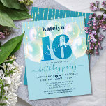 Budget Blue Parties scintillant Sweet 16 Ballons I<br><div class="desc">"Bonne Douce 16". Faites-nous parvenir cette invitation à une soirée budget unique, simple, festive, moderne et personnalisée pour un événement à retenir. La typographie turquoise, graphique, gravée et manuscrite recouvre une parties scintillant bleue turquoise "16", des ballons bleu aqua et des lampes à cordes brillantes d'or sur un arrière -...</div>