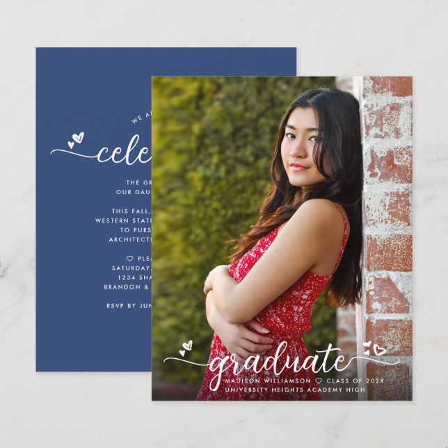 Budget Blue Photo Graduation Script Invitation (Devant / Derrière)