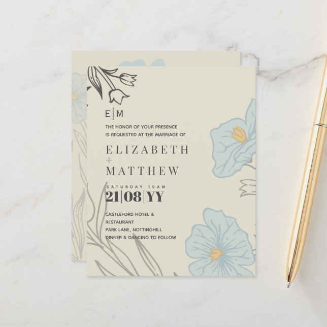 BUDGET Blue Poppy Magnolia Faire-part de mariage (Devant/Arrière en situation)