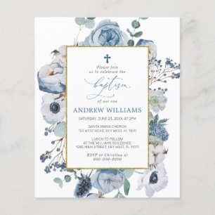 Budget Blue Rose Fleurs Baptême Invitation
