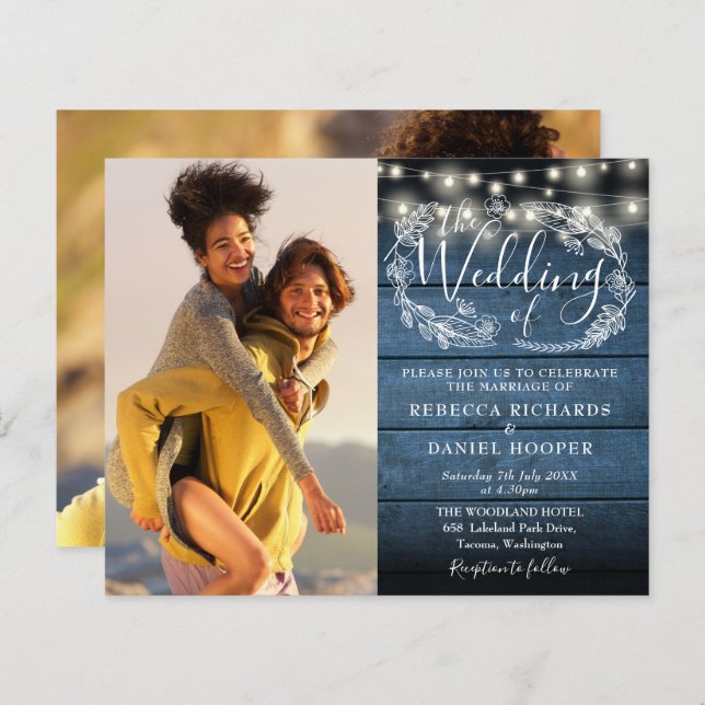 Budget Blue Rustic Wood 2 Photo Wedding Invitation (Devant / Derrière)