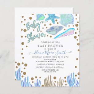 Budget Blue Seashells Beach Baby shower invitation