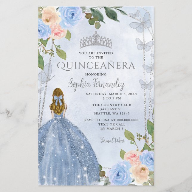 Budget Blue Silver Floral Princesse Quinceañera (Devant)