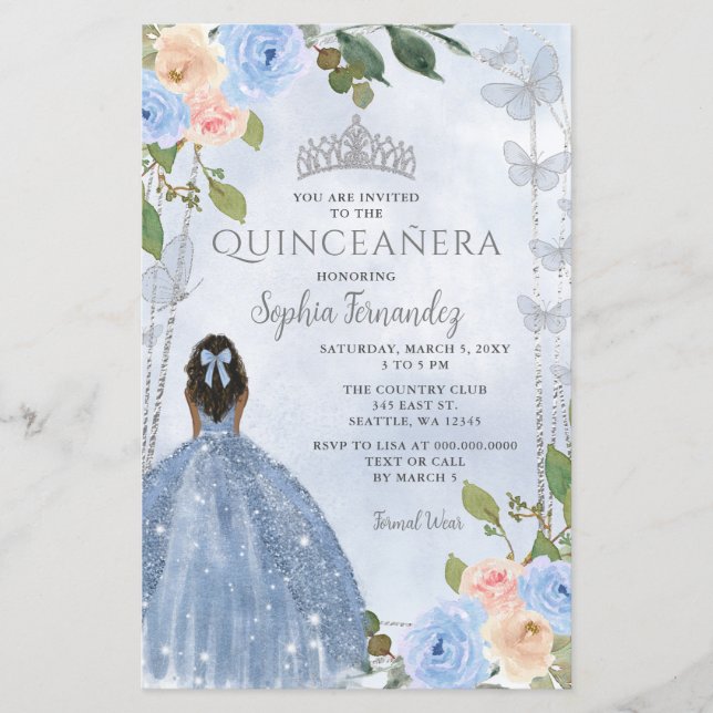 Budget Blue Silver Floral Princesse Quinceañera (Devant)