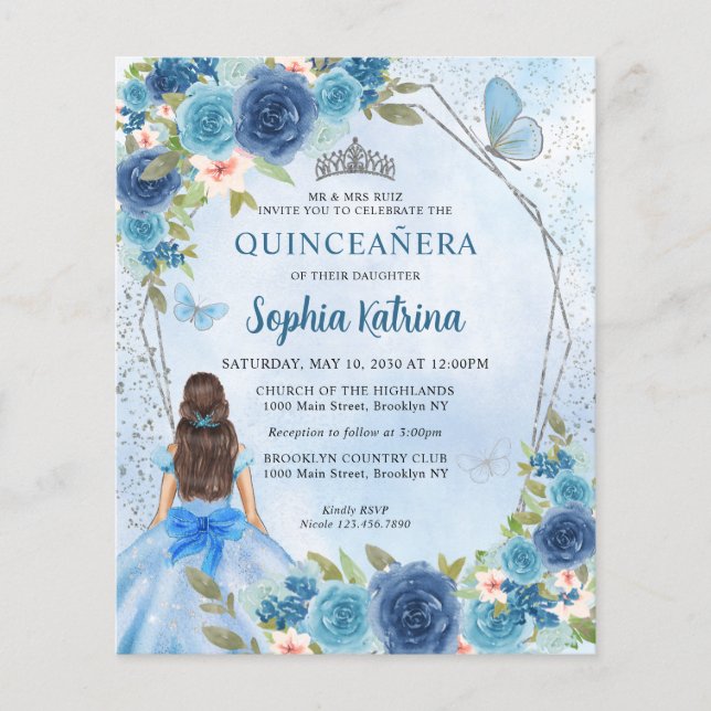 Budget Blue Silver Floral Princesse Quinceañera (Devant)