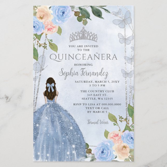 Budget Blue Silver Floral Princesse Quinceañera (Devant)