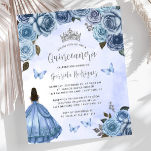 Budget Blue Silver Floral Quinceañera Invitation